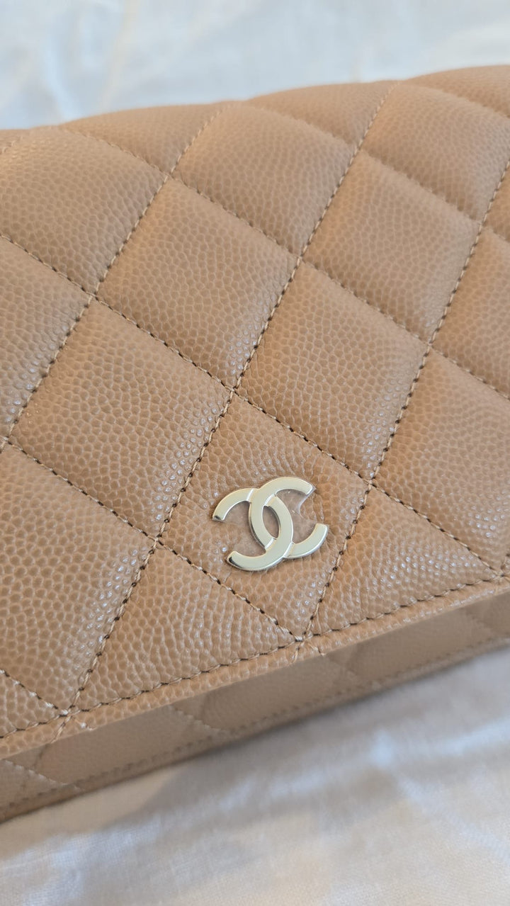 CHANEL 23P Caramel Dark Beige Caviar LGHW Classic Wallet On Chain (WOC)