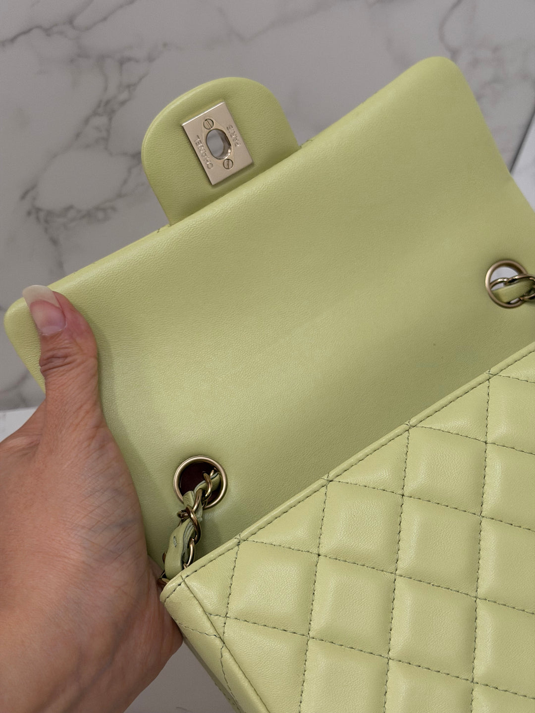 CHANEL 23C Collection 2022/2023 Cruise Pistachio Green Lambskin Mini Rectangular Flap Bag with Champagne GHW