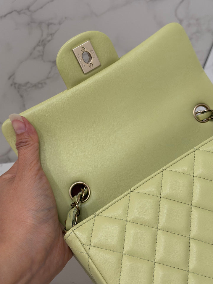 CHANEL 23C Collection 2022/2023 Cruise Pistachio Green Lambskin Mini Rectangular Flap Bag with Champagne GHW