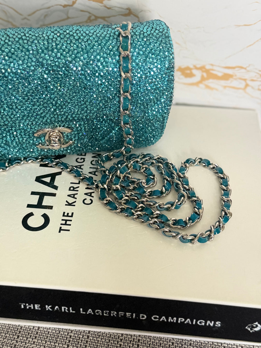 CHANEL series 21 Turquoise Teal Green Blue Diamanté Swarovski Crystal Strasssd Extra Mini Flap Bag with SHW *unicorn* RARE