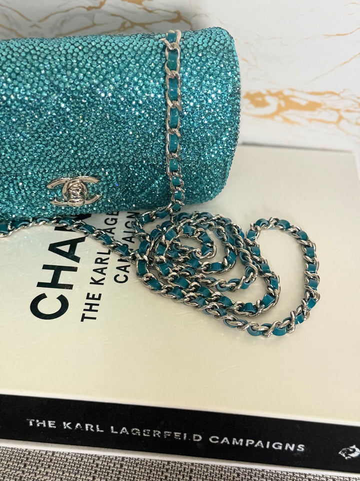 CHANEL series 21 Turquoise Teal Green Blue Diamanté Swarovski Crystal Strasssd Extra Mini Flap Bag with SHW *unicorn* RARE