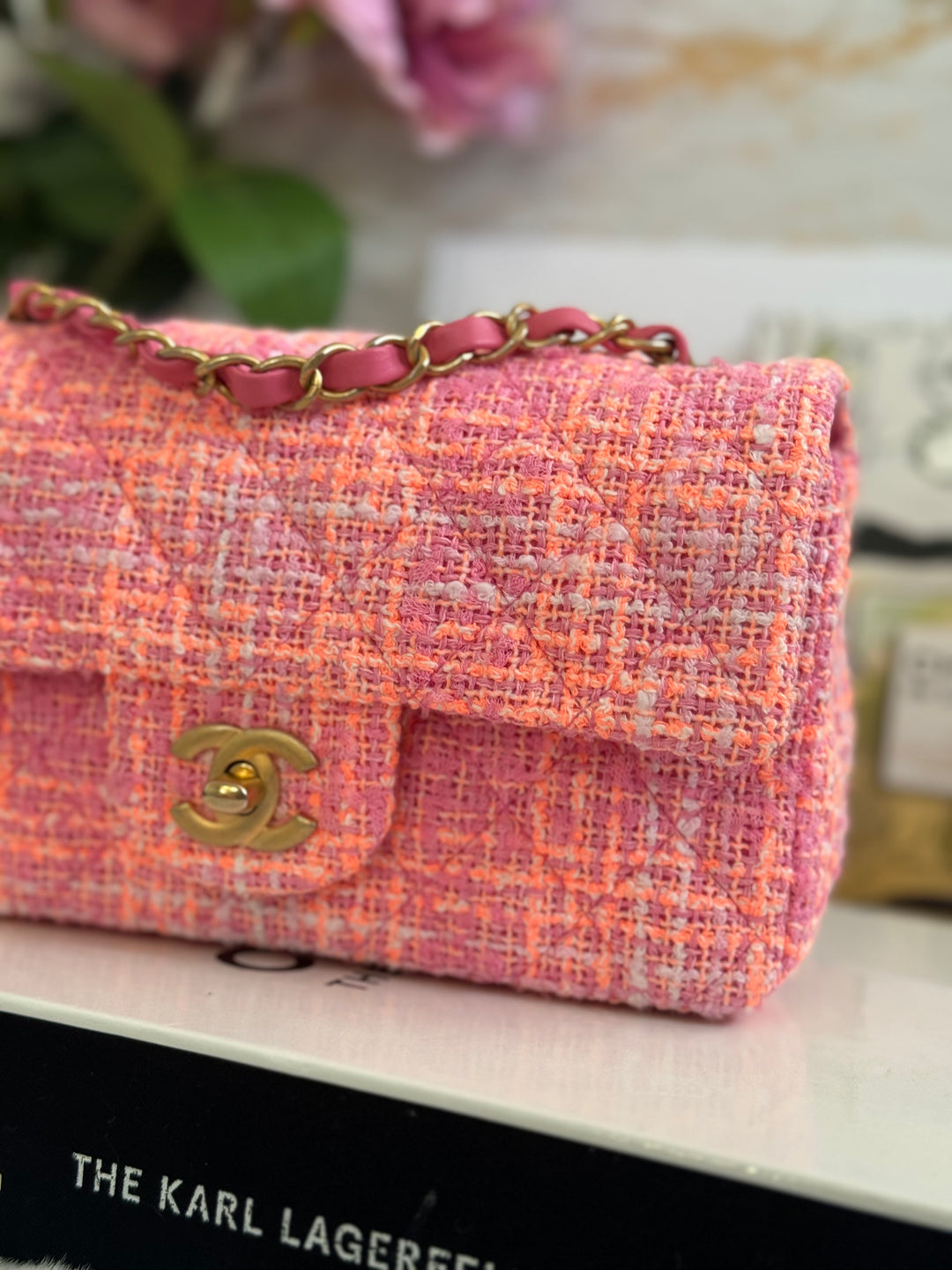 Chanel 24C 2024 Cruise Collection Tweed Pink Orange White Mini Rectangular Flap Bag with Aged GHW