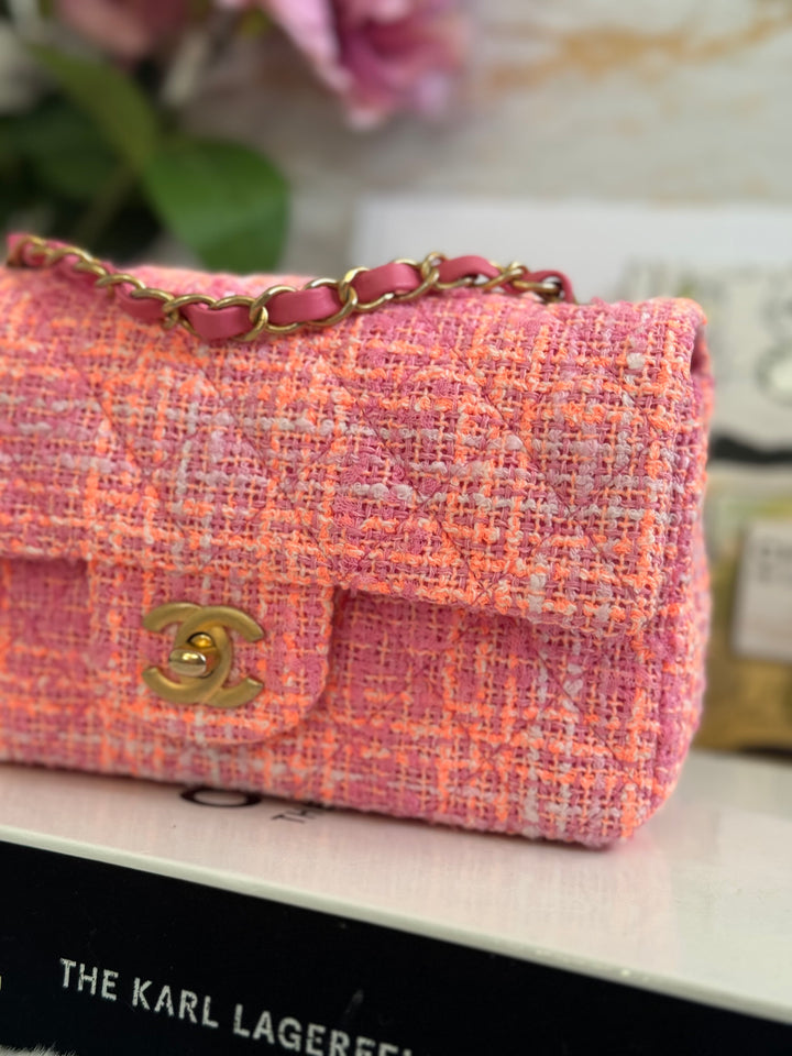 Chanel 24C 2024 Cruise Collection Tweed Pink Orange White Mini Rectangular Flap Bag with Aged GHW
