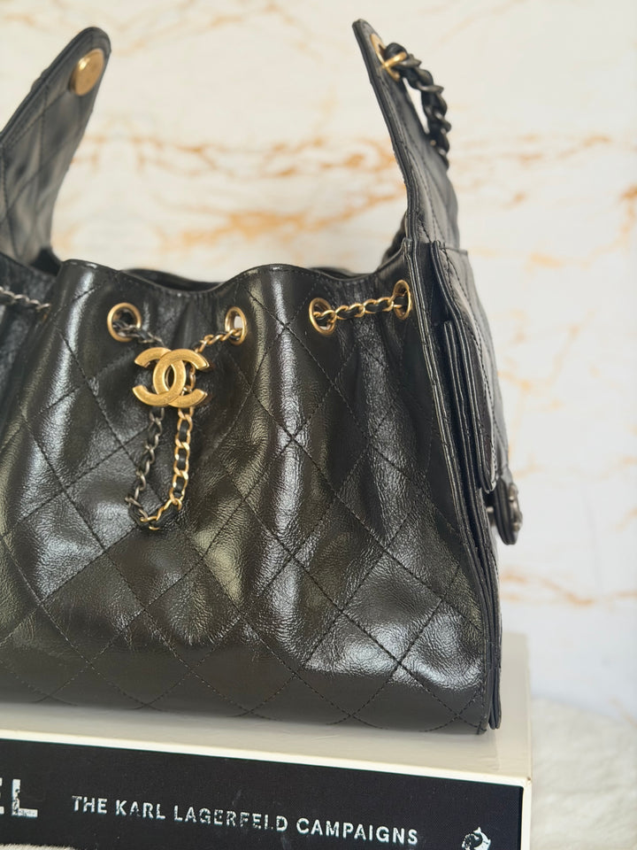 CHANEL Black Shiny Calf Skin Mixed Hardware 25 Hobo Bag size SMALL 2025/2026
