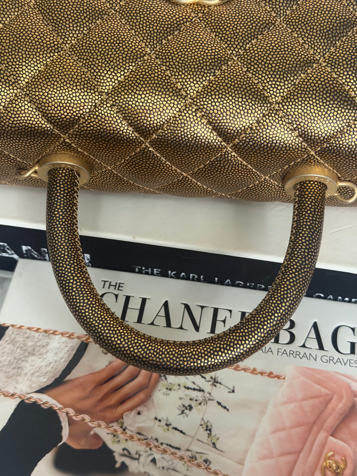 CHANEL series 28 19A Metallic Bronze Gold Caviar Aged GHW Coco Handle Flap Bag size SMALL with detachable shoulder strap 2019