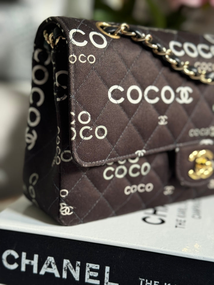 Chanel series 7 2002/2003 Black Canvas Quilted COCO Medium Classic Flap Light Gold Hardware