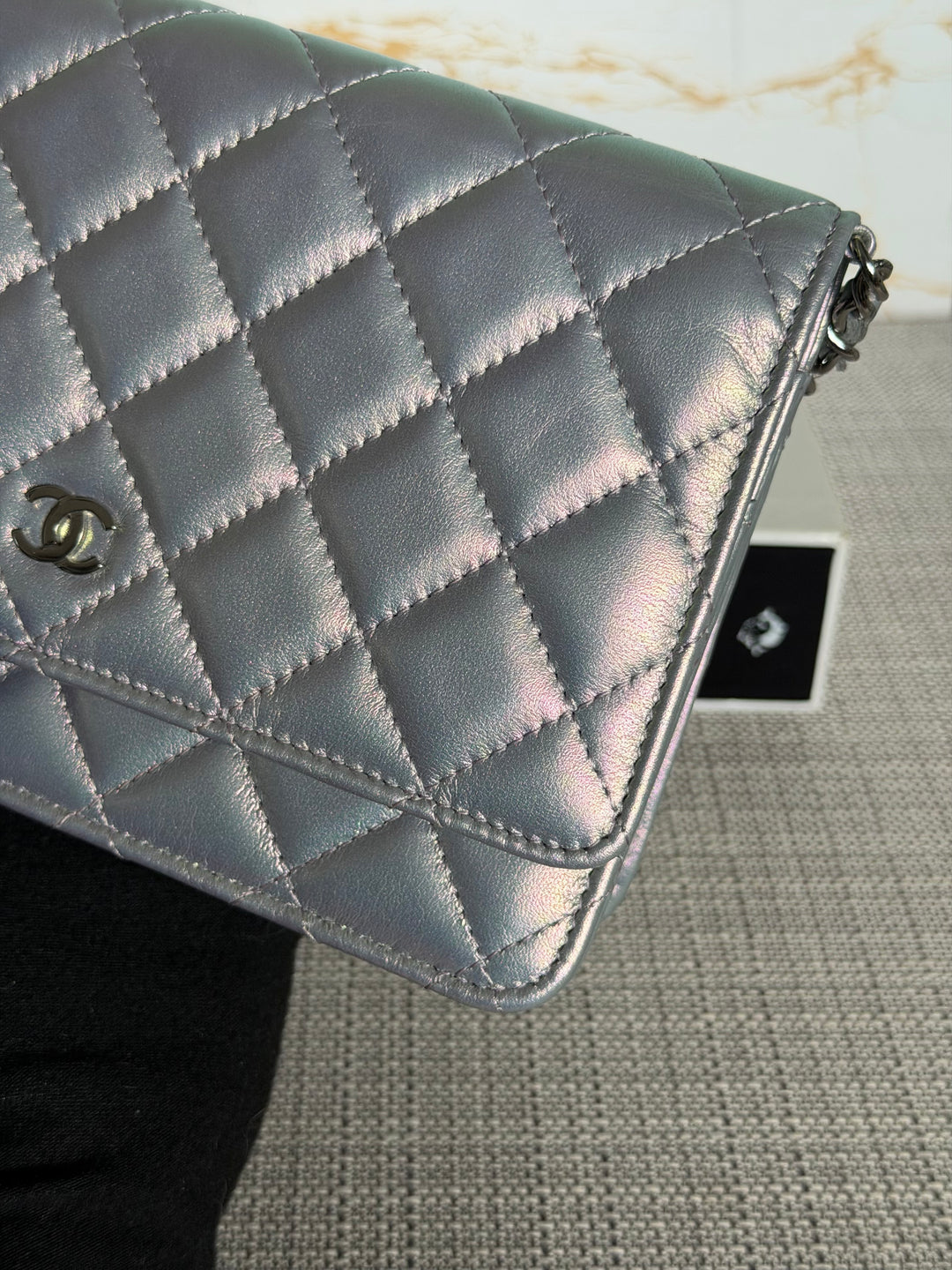 CHANEL Silver Lambskin SHW Classic Wallet on Chain (WOC) 2022