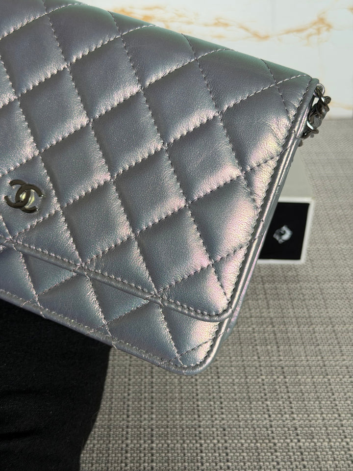 CHANEL Silver Lambskin SHW Classic Wallet on Chain (WOC) 2022