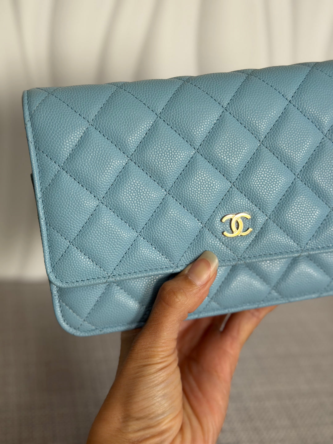 CHANEL 22S Collection 2022 Baby Blue/ Light Blue Caviar LGHW Classic Wallet on chain (WOC)