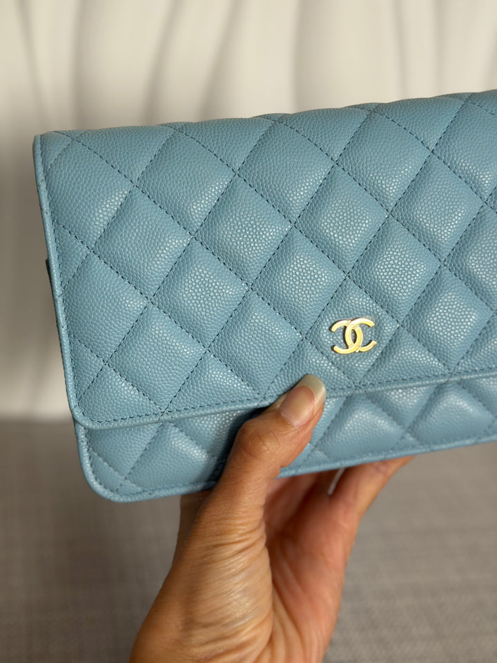 CHANEL 22S Collection 2022 Baby Blue/ Light Blue Caviar LGHW Classic Wallet on chain (WOC)