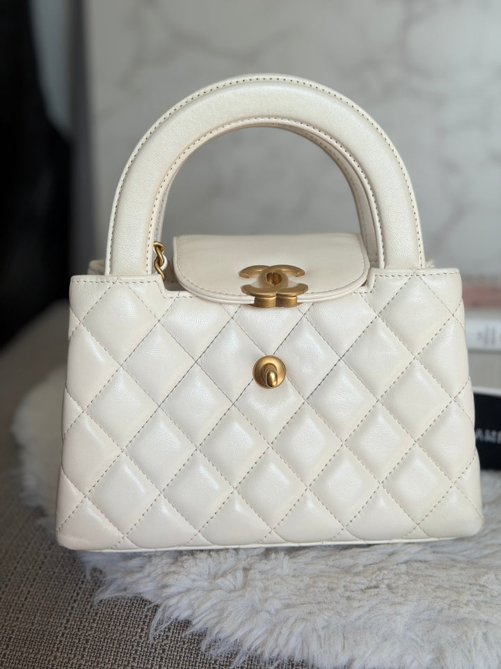 CHANEL White Calf skin Aged GHW Kelly Shopping Bag Size Small 2026