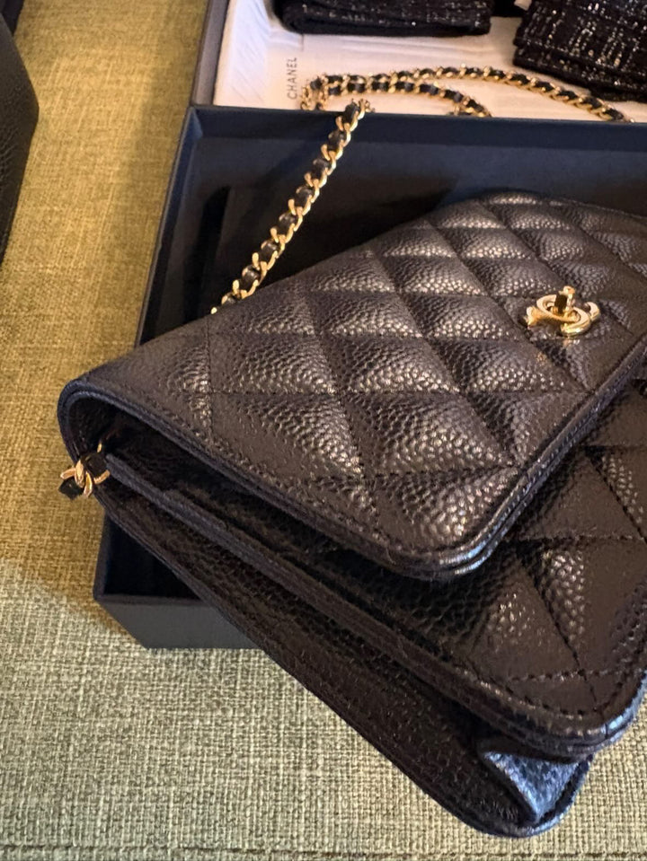 CHANEL Black Caviar GHW Turnlock New Style Classic Wallet on Chain (WOC)