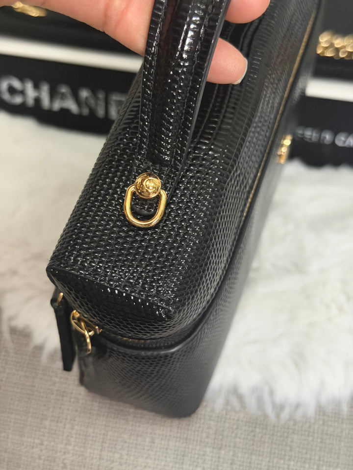 CHANEL Black Lizard Embossed Calf Skin GHW LP Long Vanity with top handle 26A 2026