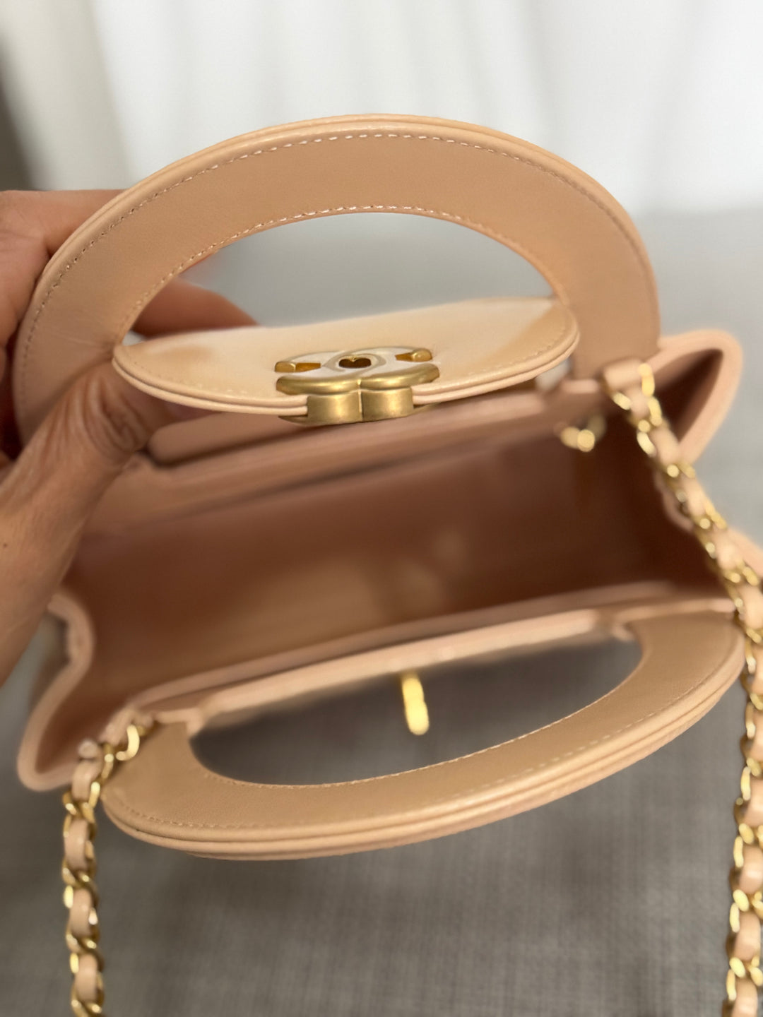 CHANEL 25C Powder Beige Calf Skin aged GHW Kelly Nano Shopping Bag Size Small 19 cms