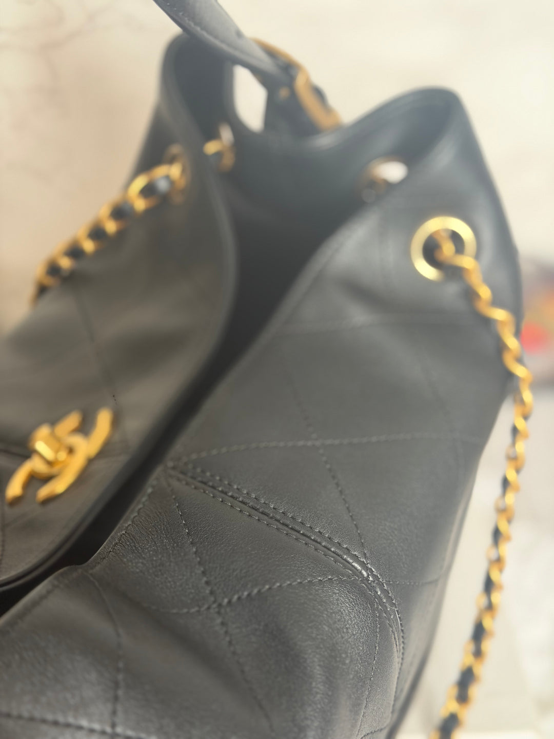 CHANEL 25A Black Calf Skin aged GHW Hobo Shopping Bag size Small 2025
