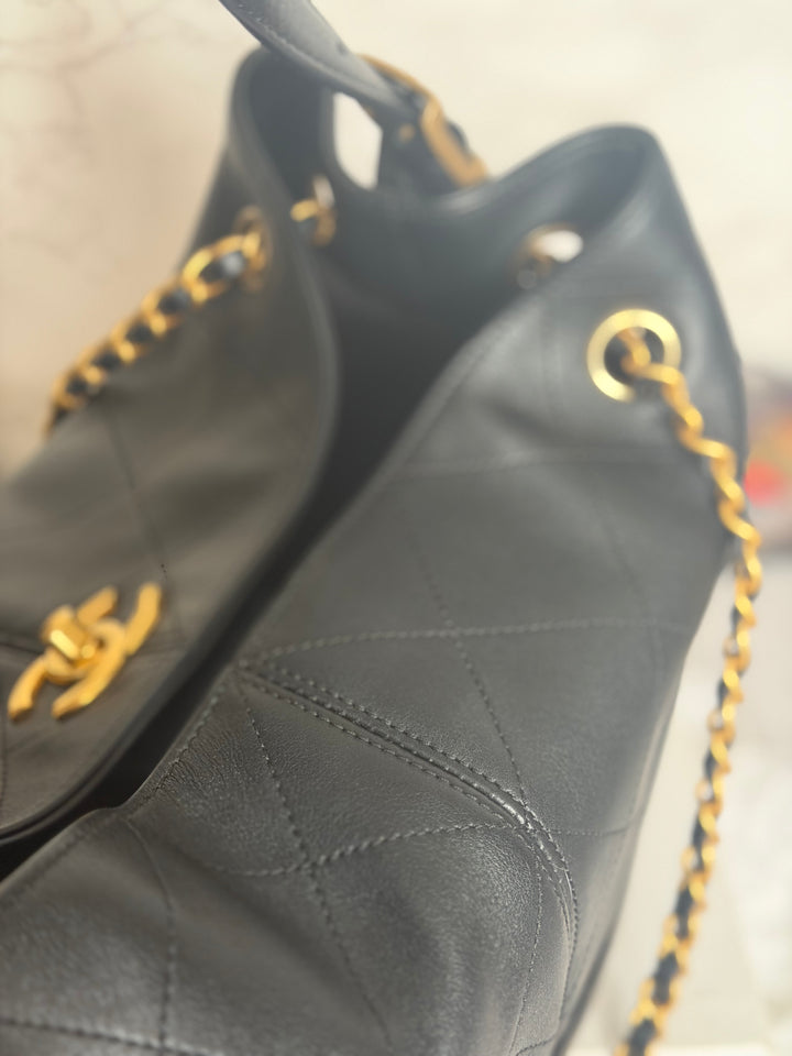 CHANEL 25A Black Calf Skin aged GHW Hobo Shopping Bag size Small 2025