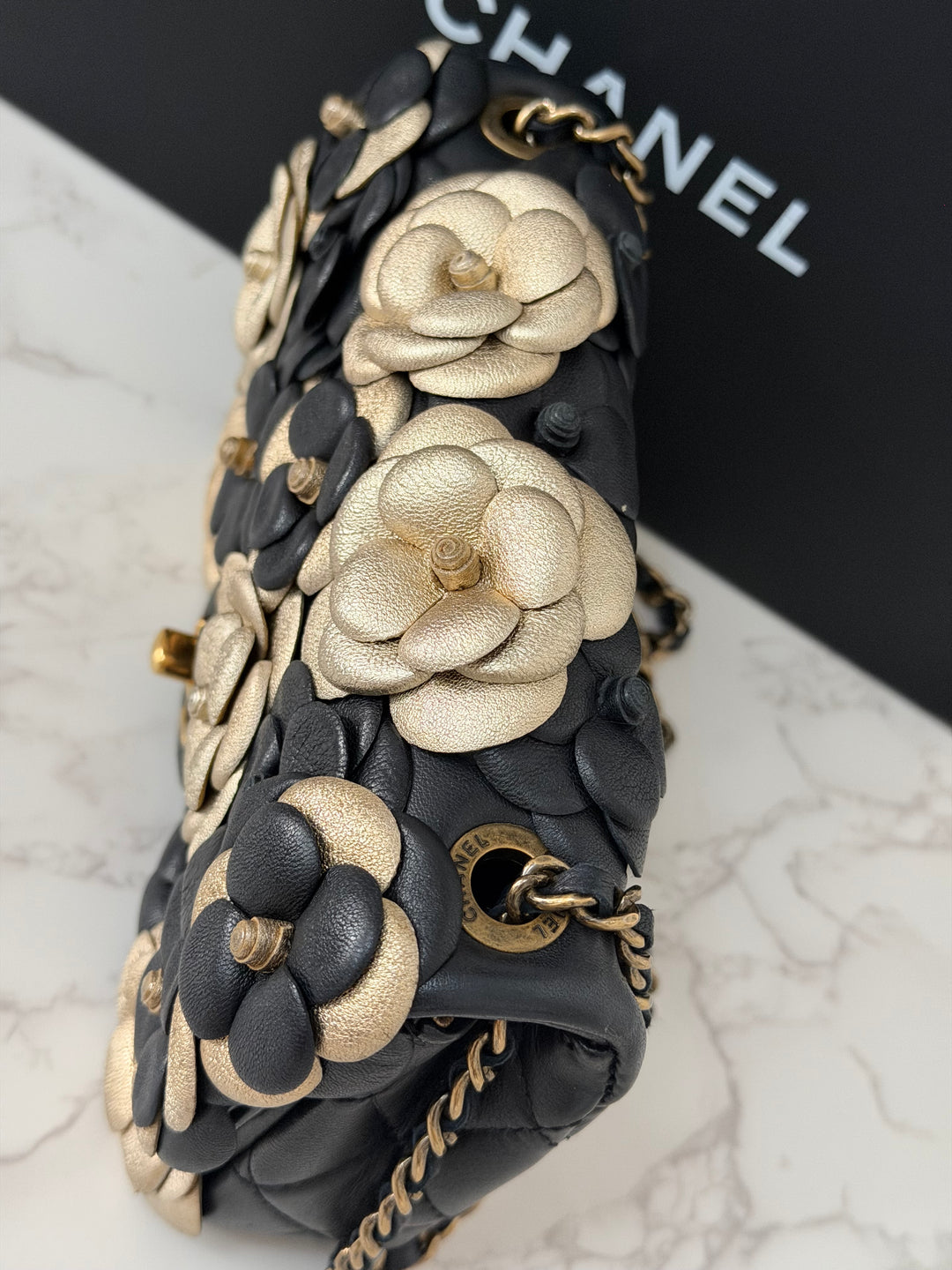 CHANEL series 21 Black Metallic Gold Camellia Flower Lambskin Mini Rectangular Flap Bag with Vintage GHW