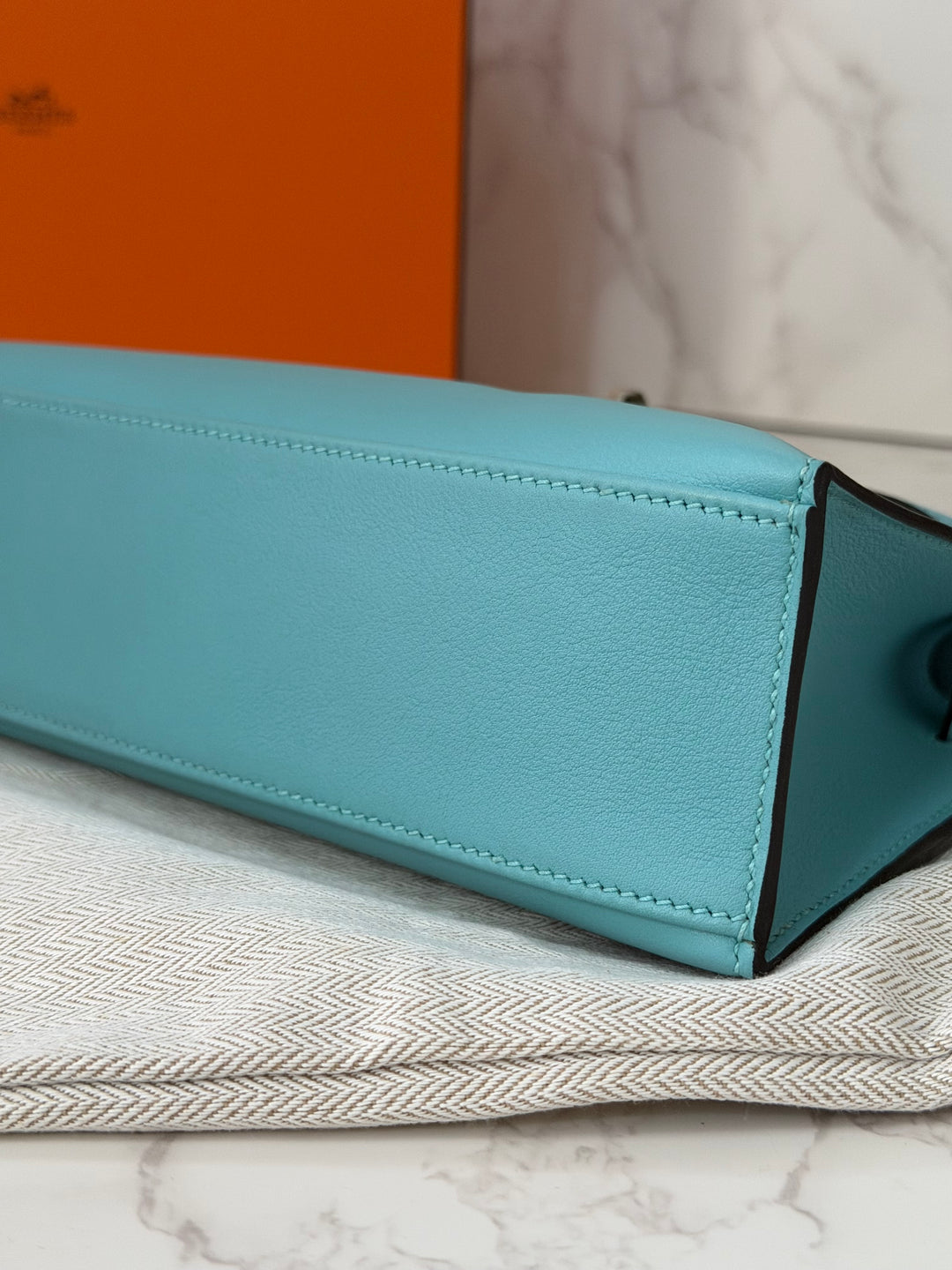 Hermès Kelly Pochette Swift Leather in Bleu Atoll 3P PHW Palladium Hardware Stamp T