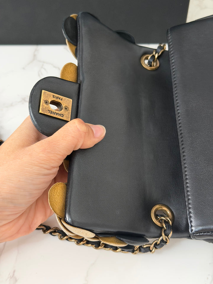 CHANEL series 21 Black Metallic Gold Camellia Flower Lambskin Mini Rectangular Flap Bag with Vintage GHW