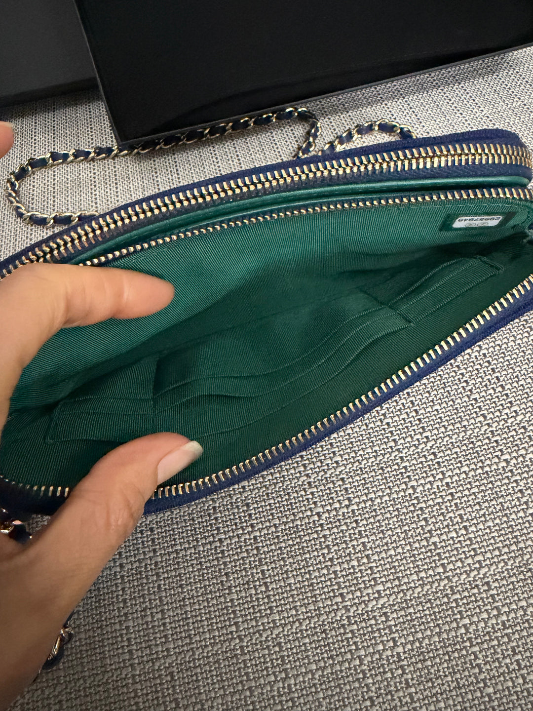 CHANEL series 28 Blue Jersey With Green Fabric Lining O Diver Wallet on Chain Phone Holder LGHW