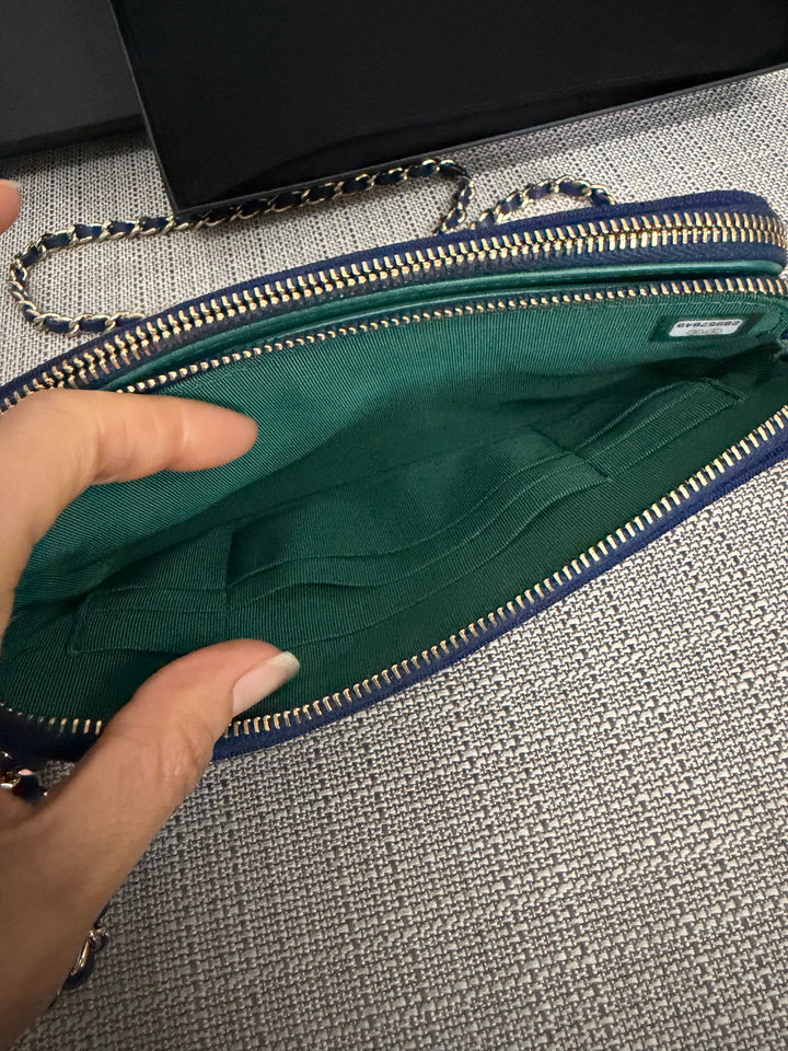 CHANEL series 28 Blue Jersey With Green Fabric Lining O Diver Wallet on Chain Phone Holder LGHW