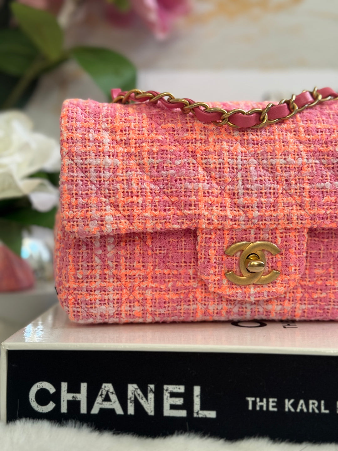 Chanel 24C 2024 Cruise Collection Tweed Pink Orange White Mini Rectangular Flap Bag with Aged GHW