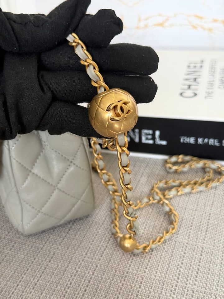 CHANEL Grey Lambskin Aged GHW Pearl Crush Adjustable Chain Mini Rectangular Flap Bag 2021