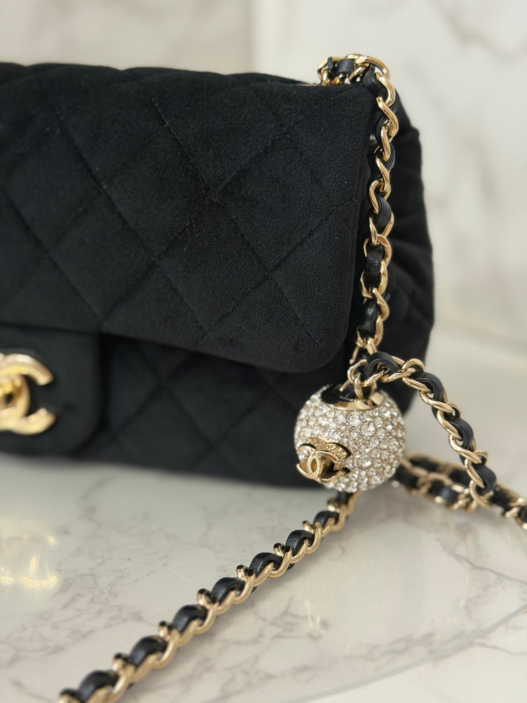 CHANEL series 30 20K collection 2020 Black Velvet Crystal Pearl Crush Adjustable Strap LGHW Mini Rectangular Flap Bag