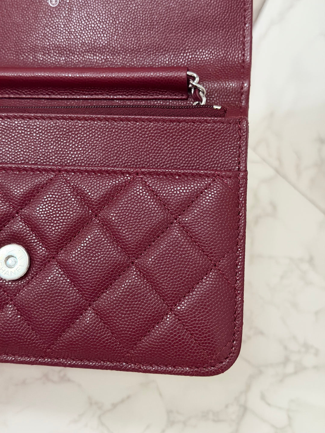 CHANEL 2024 Burgundy Caviar SHW Classic Wallet on chain (WOC) with crystal CC Logo