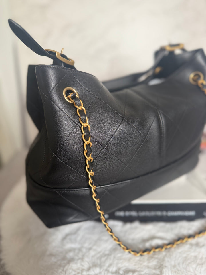 CHANEL 25A Black Calf Skin aged GHW Hobo Shopping Bag size Small 2025