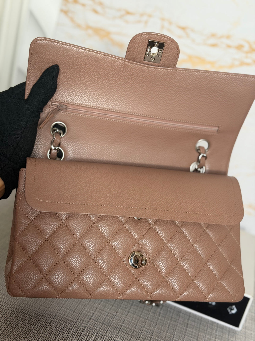 CHANEL series 13 Dark Beige Taupe Caviar SHW Medium ML Classic Double Flap Bag 2011
