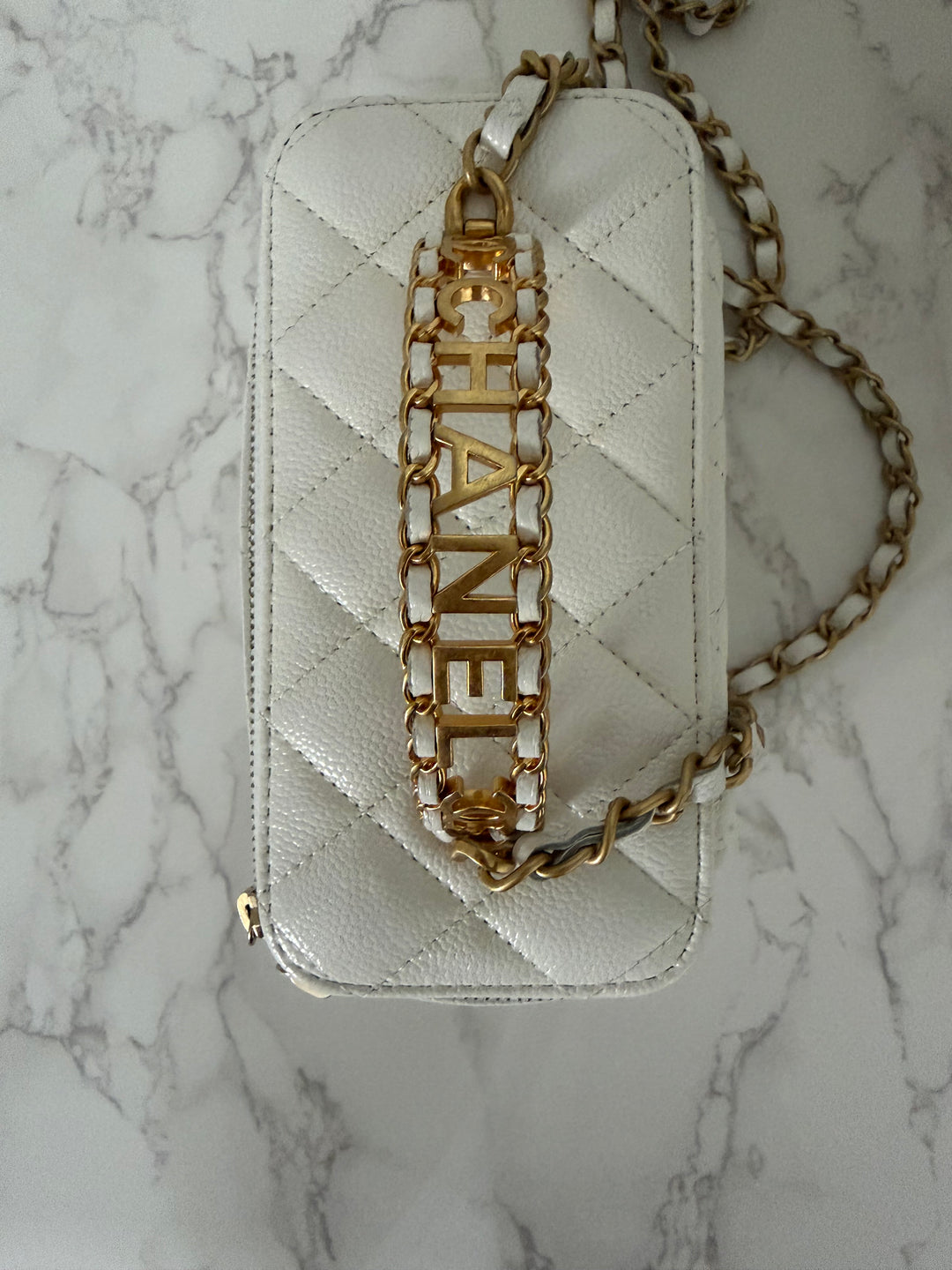 CHANEL 22S Collection 2022 Pick Me Up White Caviar Small Vanity Case with Metal Top Handle GHW