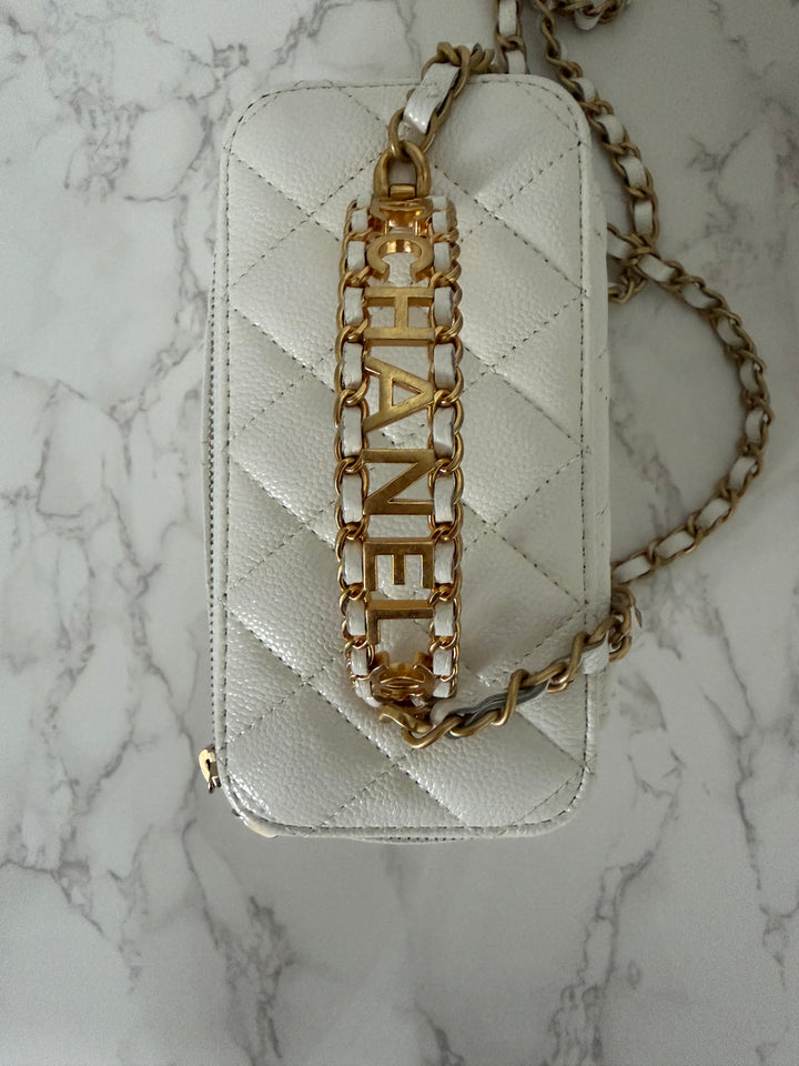 CHANEL 22S Collection 2022 Pick Me Up White Caviar Small Vanity Case with Metal Top Handle GHW