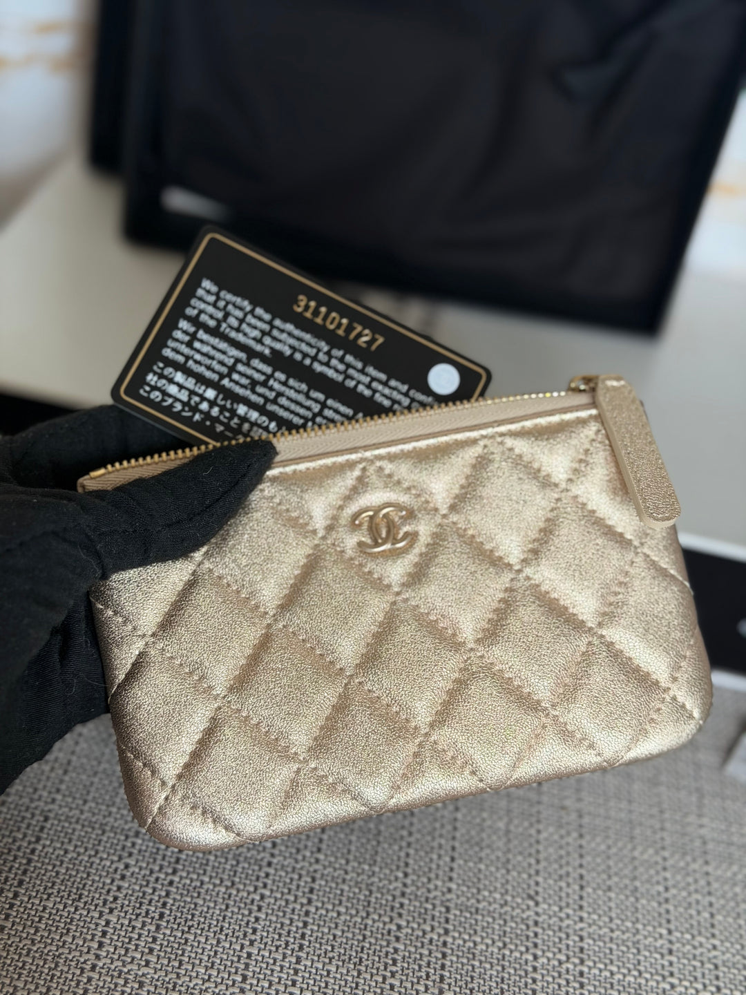 CHANEL 21P Metallic Gold Lambskin LGHW Mini O Case Pouch 15 cms