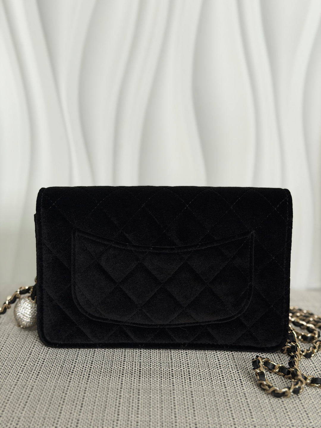 CHANEL 2025 Black Velvet Crystal Pearl Crush Adjustable Strap Wallet on Chain (WOC)