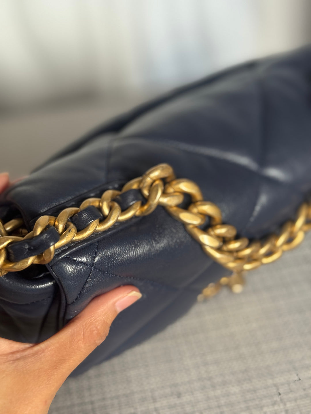 CHANEL 19 Size SMALL 26 cms series 31 Navy Lambskin Mixed Hardware Flap Bag with top handle