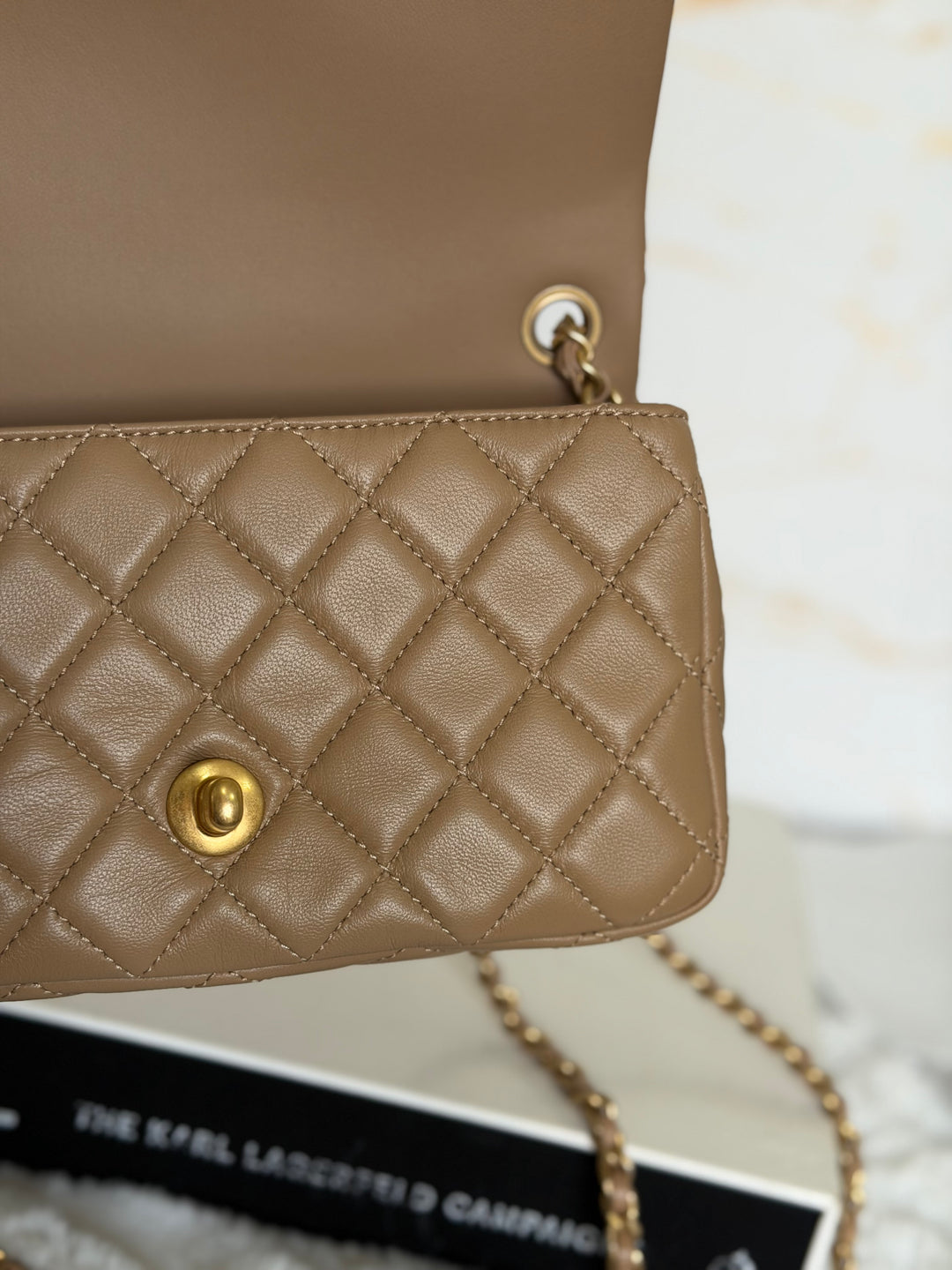 CHANEL 22B Taupe Dark Beige Lambskin Aged GHW Pearl Crush Adjustable Chain Mini Rectangular Flap Bag 2022