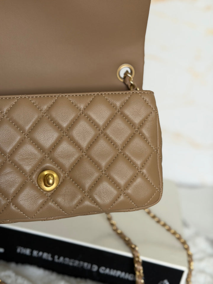 CHANEL 22B Taupe Dark Beige Lambskin Aged GHW Pearl Crush Adjustable Chain Mini Rectangular Flap Bag 2022
