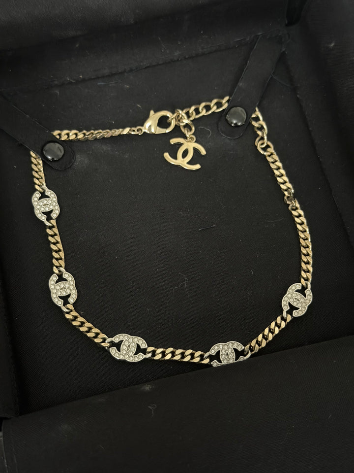 CHANEL Crystal CC Choker Necklace in Silver and Light Gold Hardware