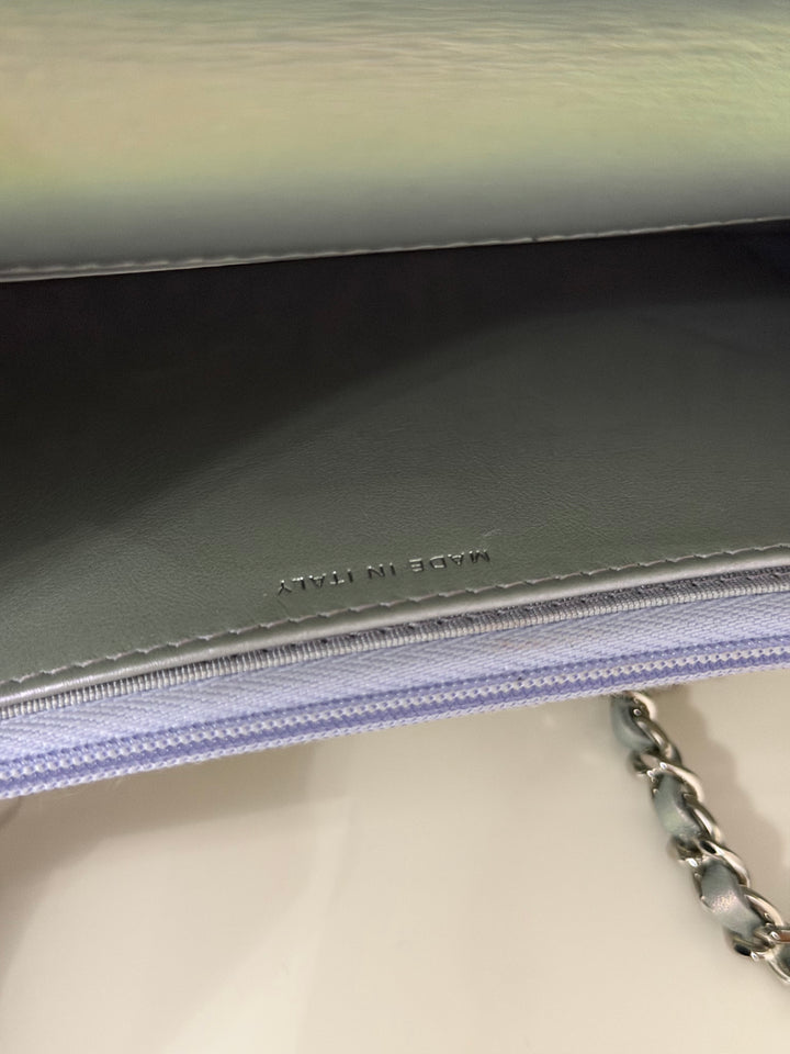 CHANEL 21K Silver Lambskin SHW Classic Wallet On Chain (WOC)