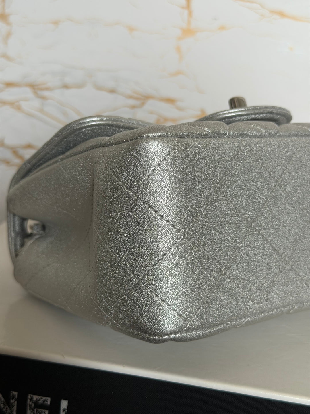 CHANEL Metallic Silver Lambskin SHW Square Mini Flap Bag 2021 21P collection series 31