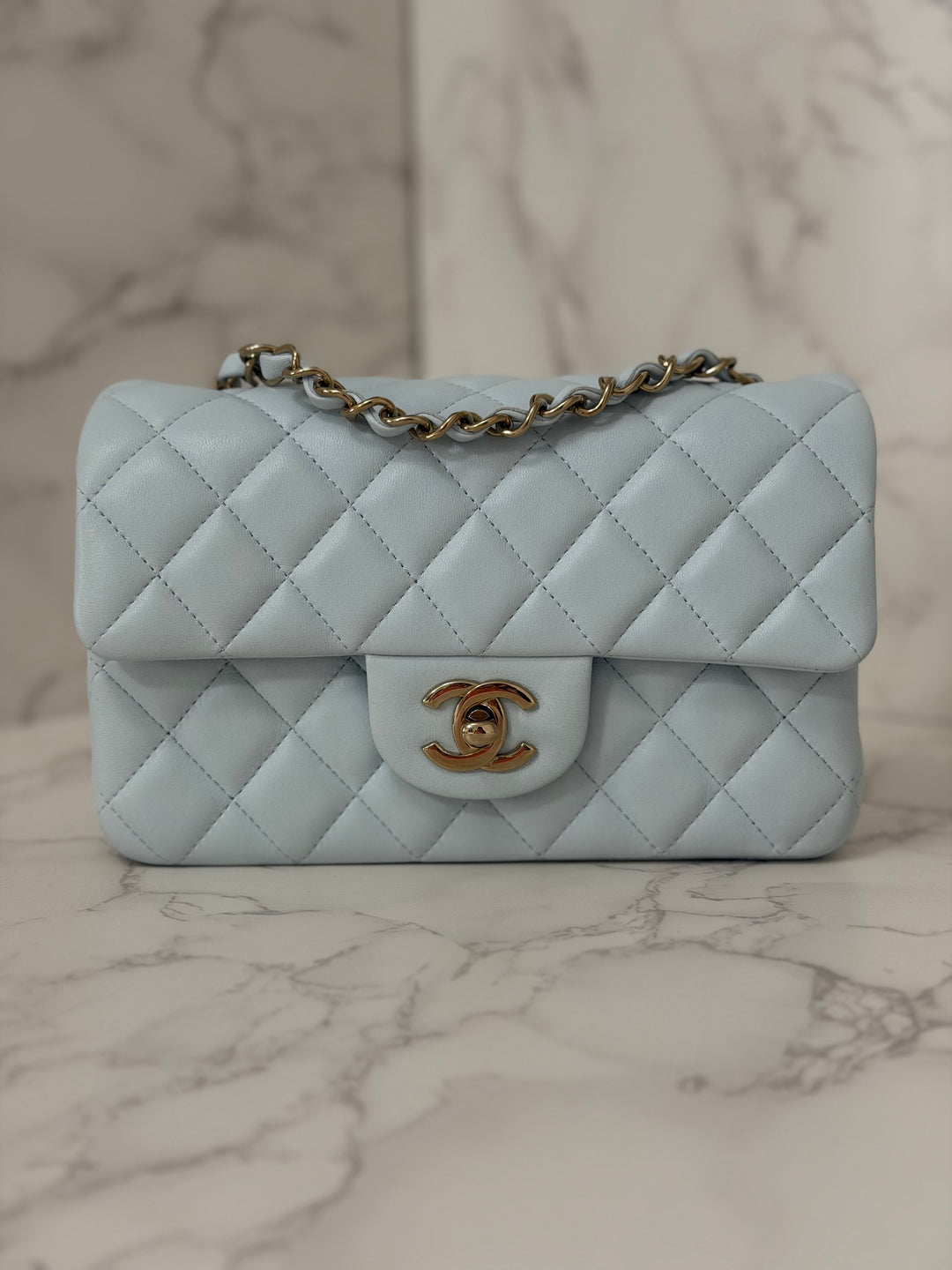 CHANEL 25S collection 2025 Light Baby Blue Lambskin LGHW Mini Rectangular Flap Bag