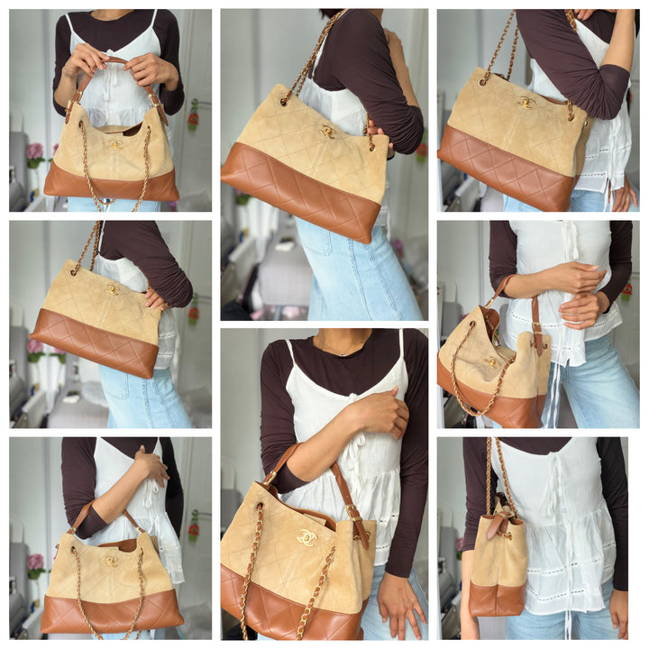 CHANEL 26S Beige Suede and Brown Leather Shopping Tote Bag 2026 size Small
