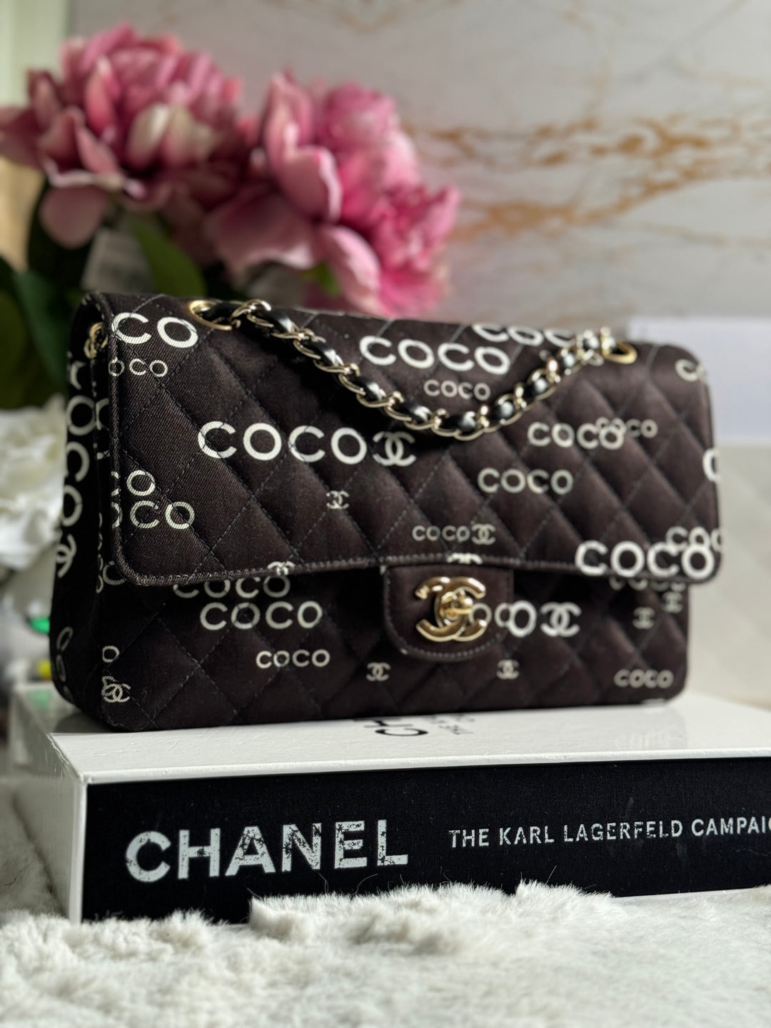 Chanel series 7 2002/2003 Black Canvas Quilted COCO Medium Classic Flap Light Gold Hardware