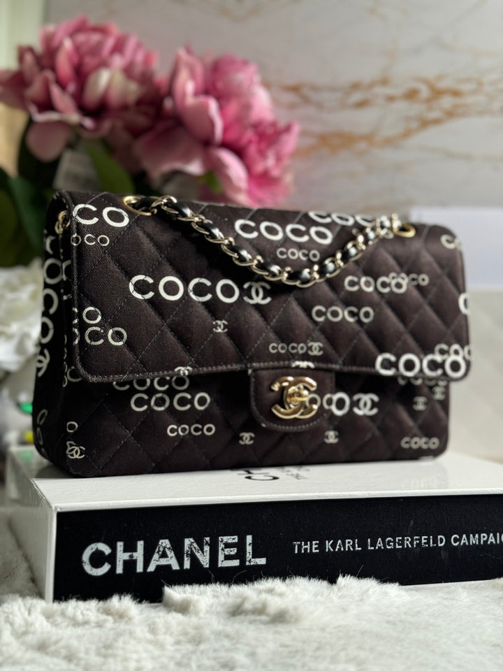 Chanel series 7 2002/2003 Black Canvas Quilted COCO Medium Classic Flap Light Gold Hardware