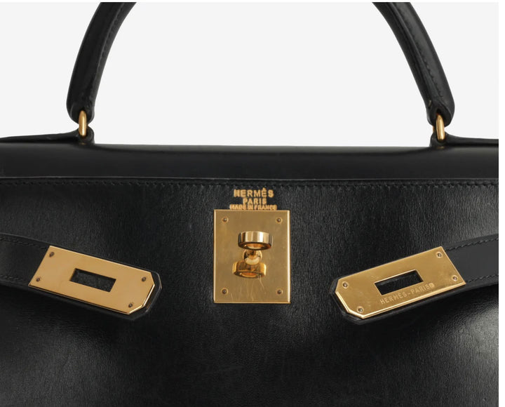 WA/Email to purchase only- HERMÈS Kelly 28 Vintage in Black 89 Noir 89 Box Leather GHW Stamp U in circle 1991