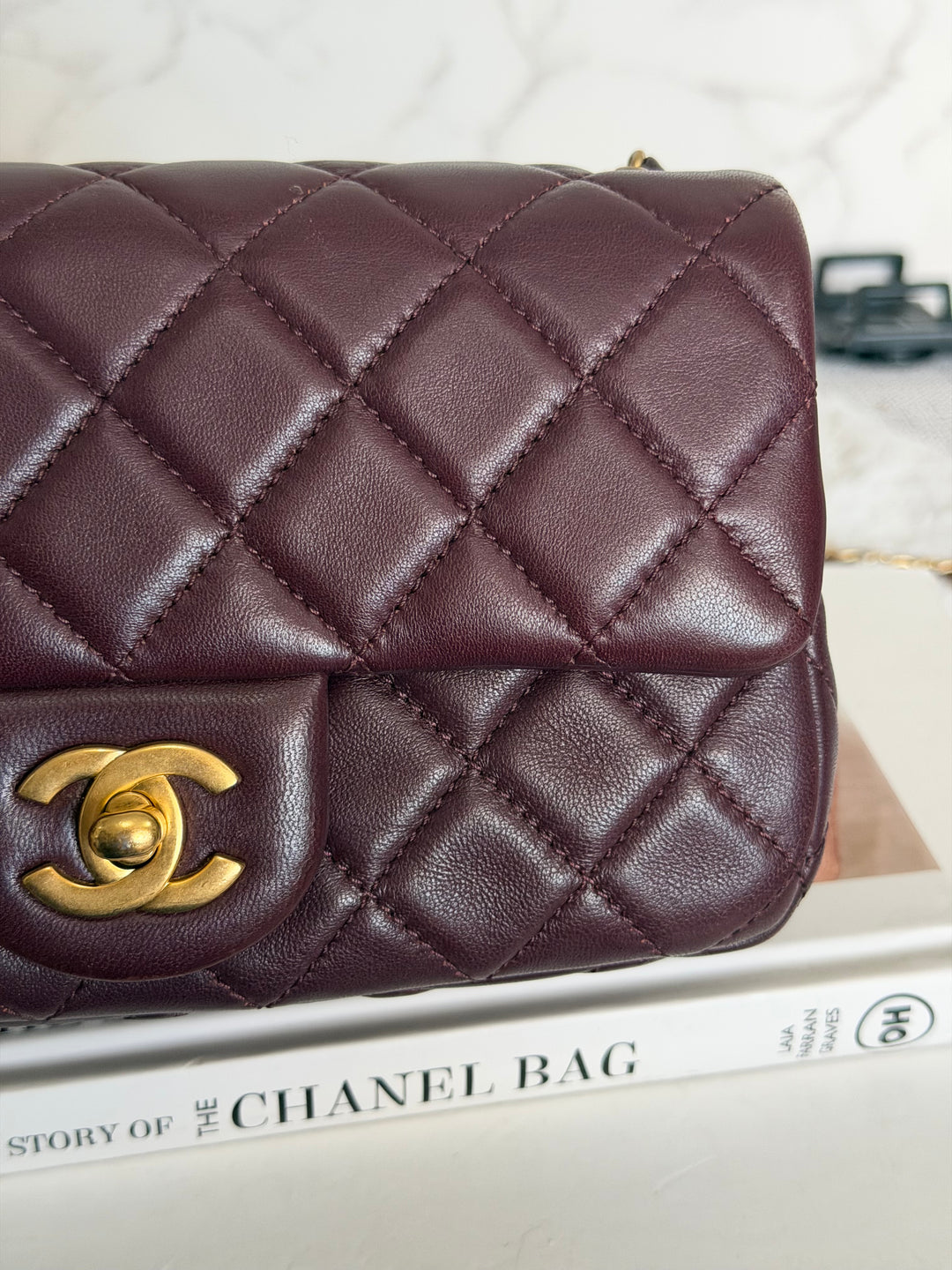 CHANEL 21B Burgundy Lambskin Aged GHW Pearl Crush Mini Rectangular Flap Bag 2021