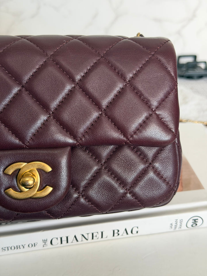 CHANEL 21B Burgundy Lambskin Aged GHW Pearl Crush Mini Rectangular Flap Bag 2021