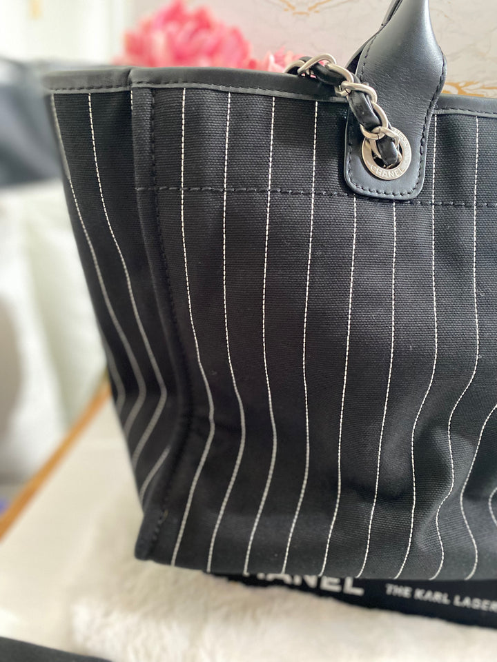Chanel 23P 2023 collection in Black/White Stripe Canvas Deauville Tote with Top Handle and detachable pouch size Medium (15 inches)