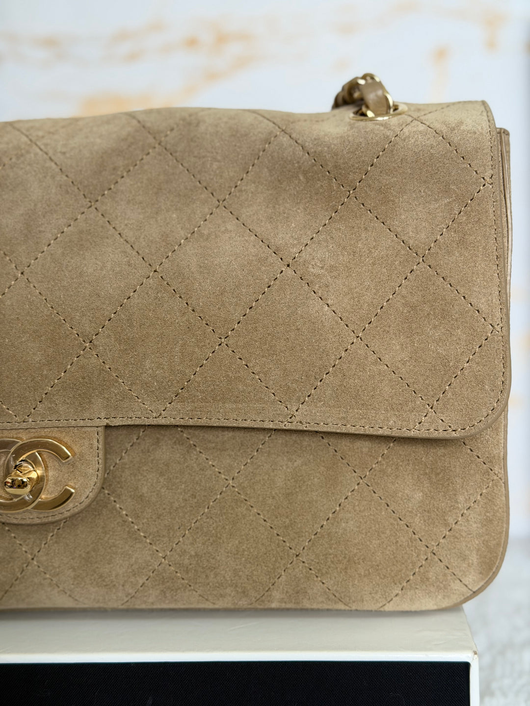 CHANEL 26S Beige Suede Leather LGHW Maxi Flap Bag 32 cms